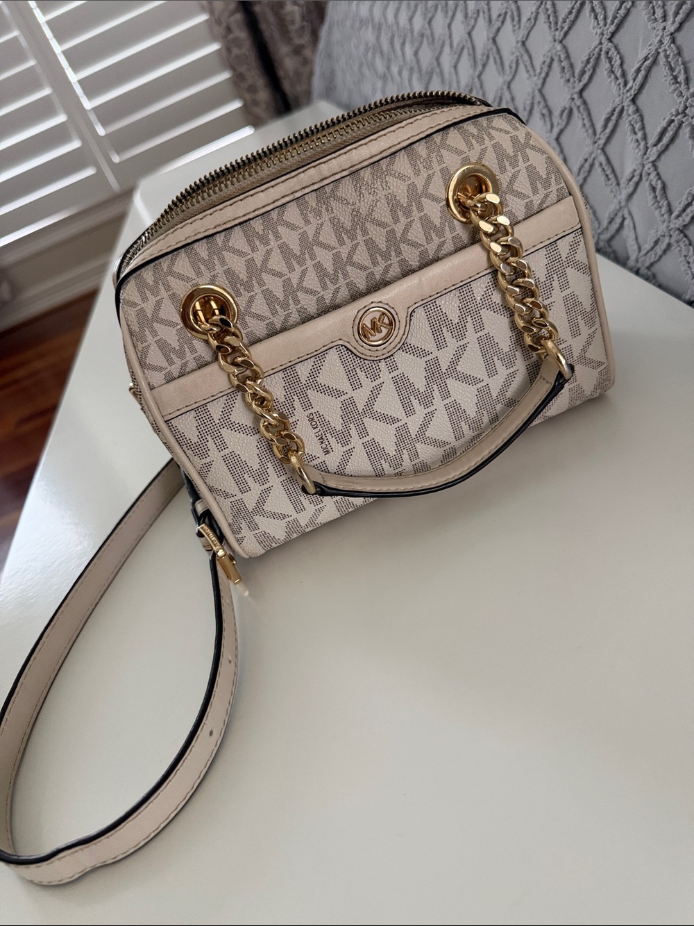 MICHAEL KORS Beige Logo Crossbody Satchel with Gold Hardware